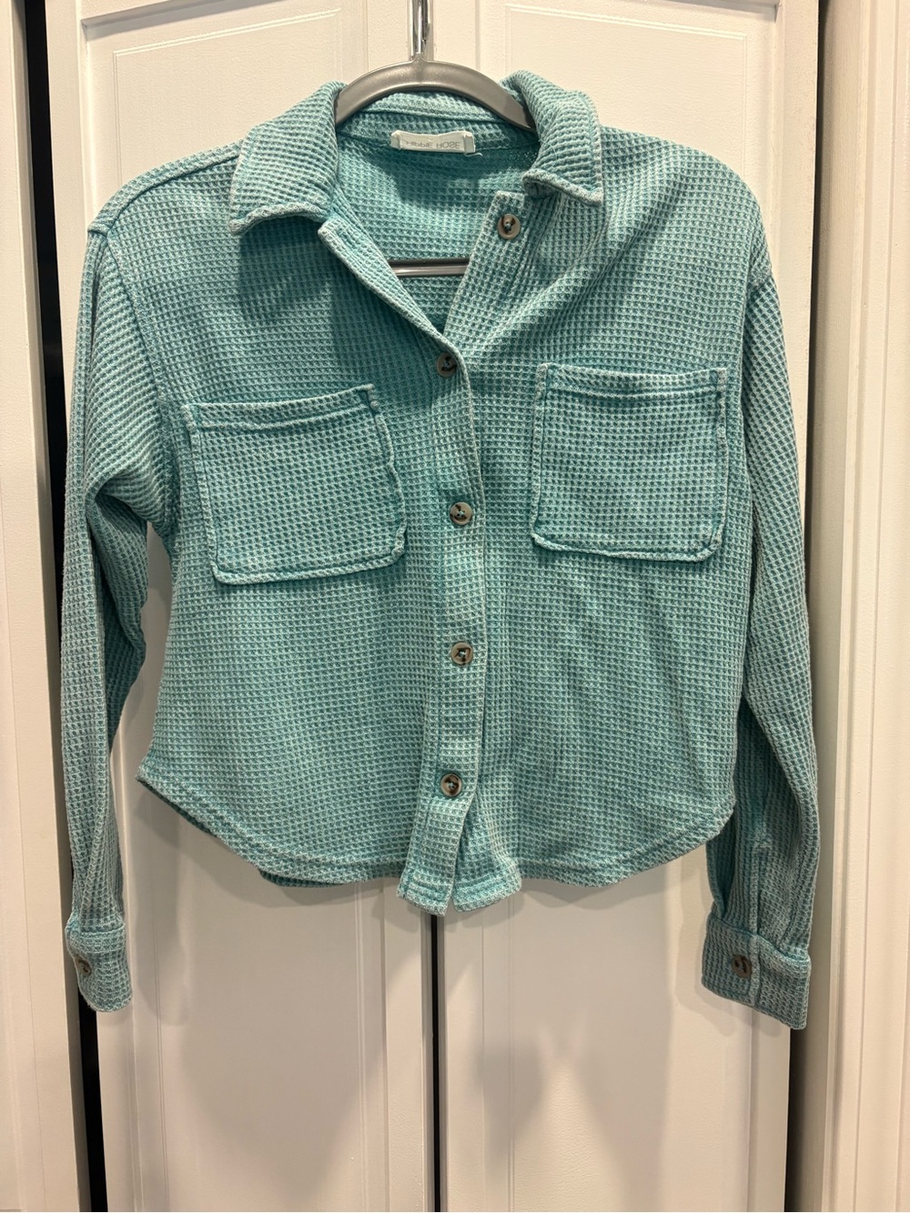 Hippie Rose Waffle Knit Button-Front Shirt Jacket - Aqua Blue